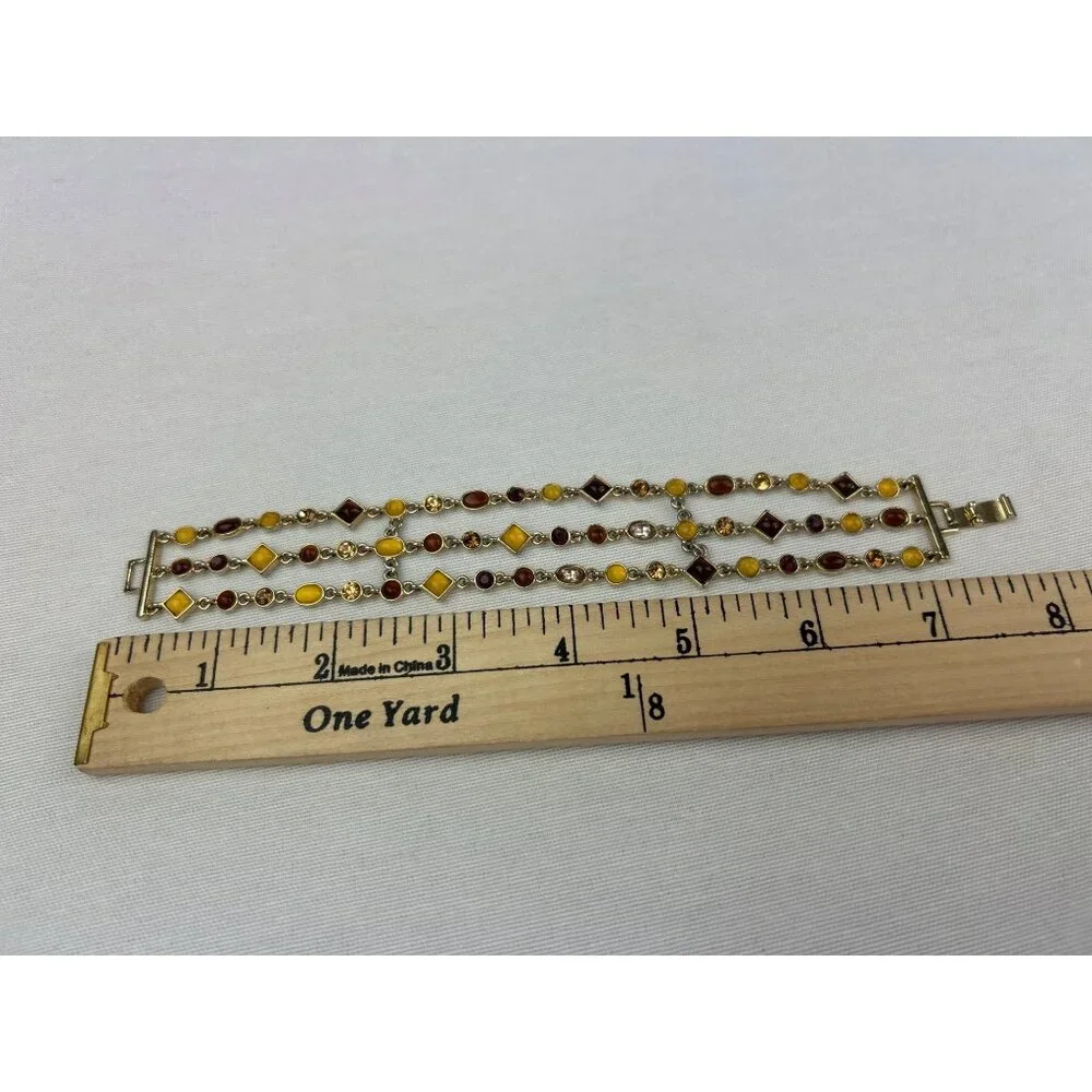 Gold Tone Triple Strand Bracelet Amber Honey Brown Color Gemstones - Picture 6 of 6